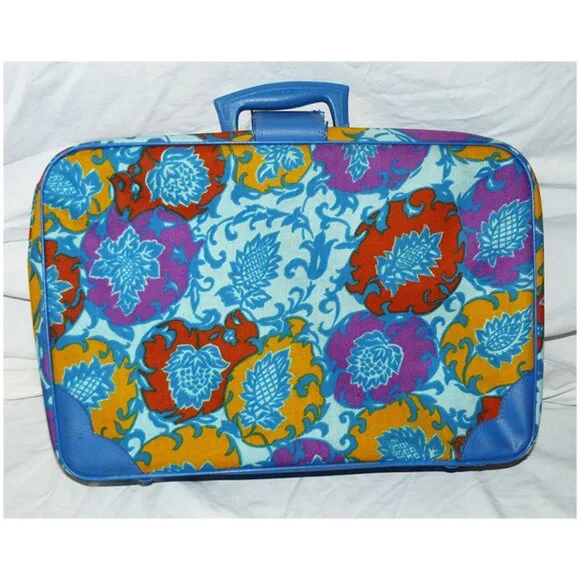 Penguin Travelers NY Vintage Retro/Mod Overnight Luggage Suitcase Blue Floral - Picture 2 of 5